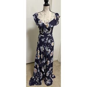 Flynn Skye Dress Womens Small Navy Blue Floral Monica Maxi Ruffle Holiday 2018
